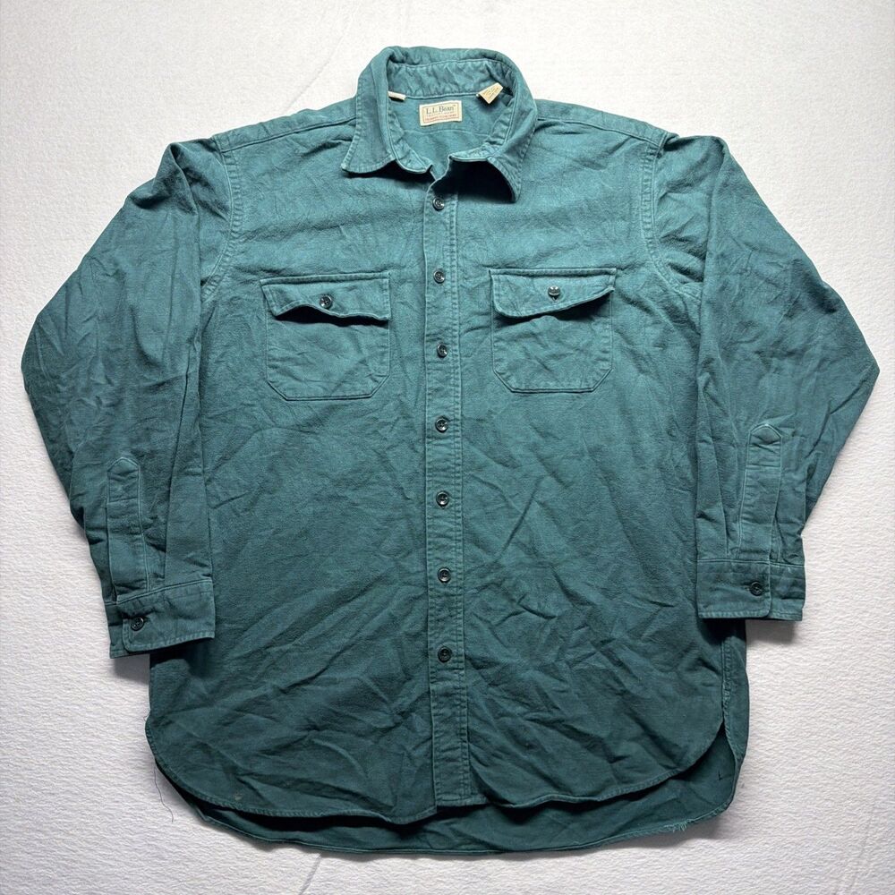 Vintage 90s L.L. Bean Chamois Cloth Button Shirt Green USA Made Men's Tall 17